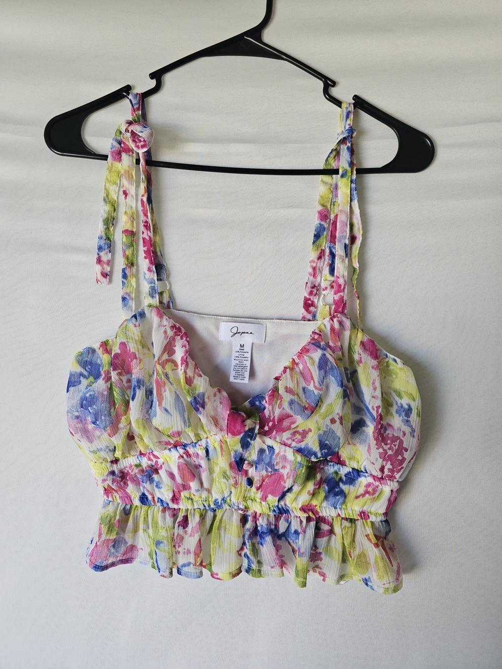 Japna Floral Watercolor Crop Top - Tie Shoulder & Ruffle Hem - Size M